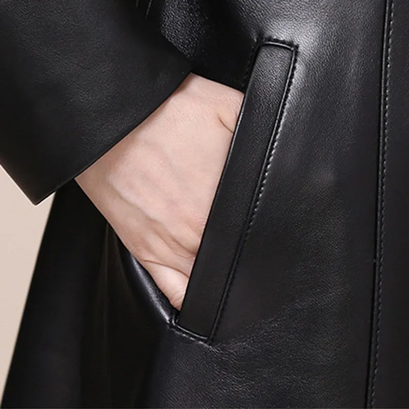 Nerazzurri Spring autumn long black faux leather coat women long sleeve buttons Plus size leather jacket women 2021 5xl 6xl 7xl