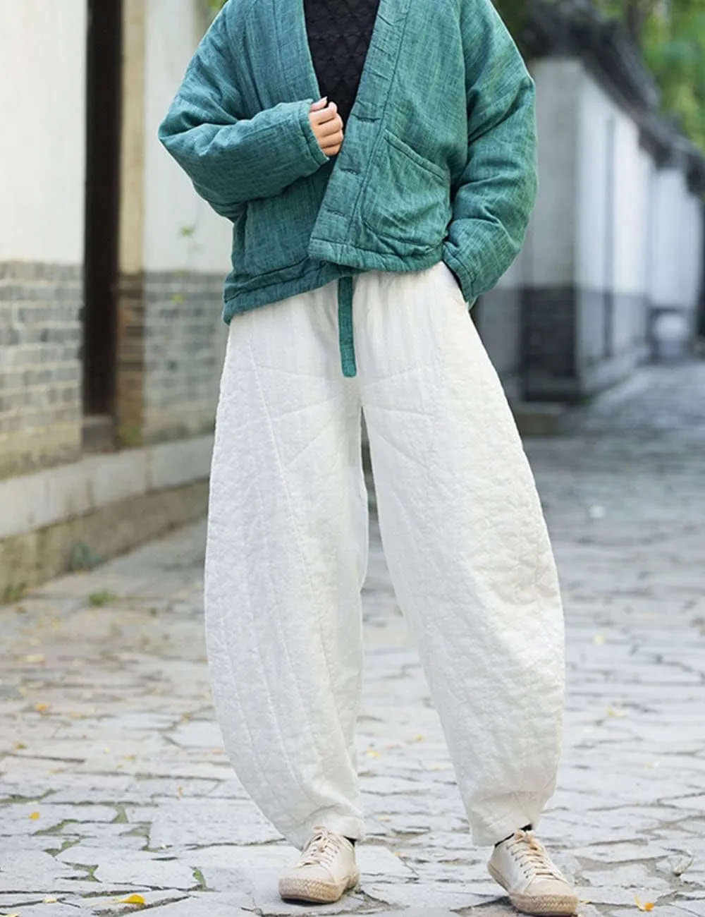 NFYM Women Quilted Pants Winter Warm Thick Cotton Linen Casual Wide Leg Elastic Waist Pocket Lantern Trousers