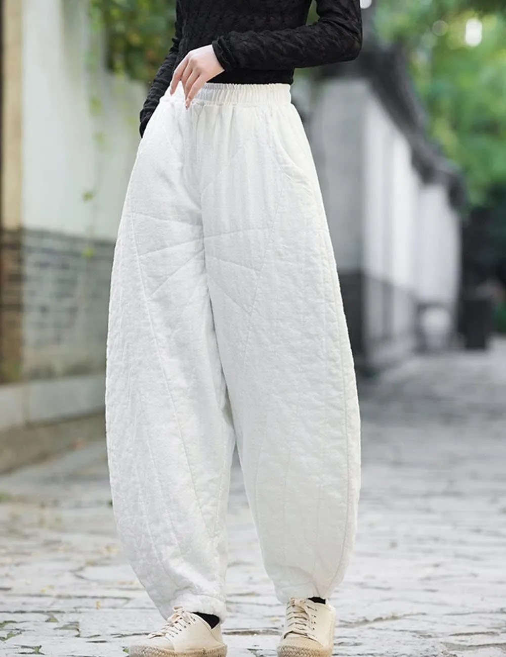 NFYM Women Quilted Pants Winter Warm Thick Cotton Linen Casual Wide Leg Elastic Waist Pocket Lantern Trousers