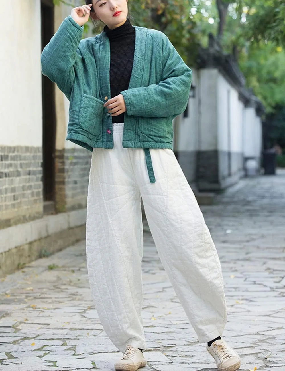 NFYM Women Quilted Pants Winter Warm Thick Cotton Linen Casual Wide Leg Elastic Waist Pocket Lantern Trousers