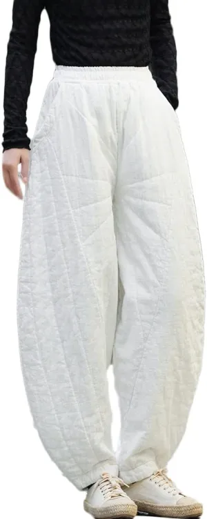NFYM Women Quilted Pants Winter Warm Thick Cotton Linen Casual Wide Leg Elastic Waist Pocket Lantern Trousers