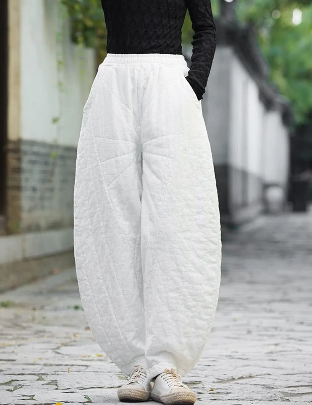 NFYM Women Quilted Pants Winter Warm Thick Cotton Linen Casual Wide Leg Elastic Waist Pocket Lantern Trousers