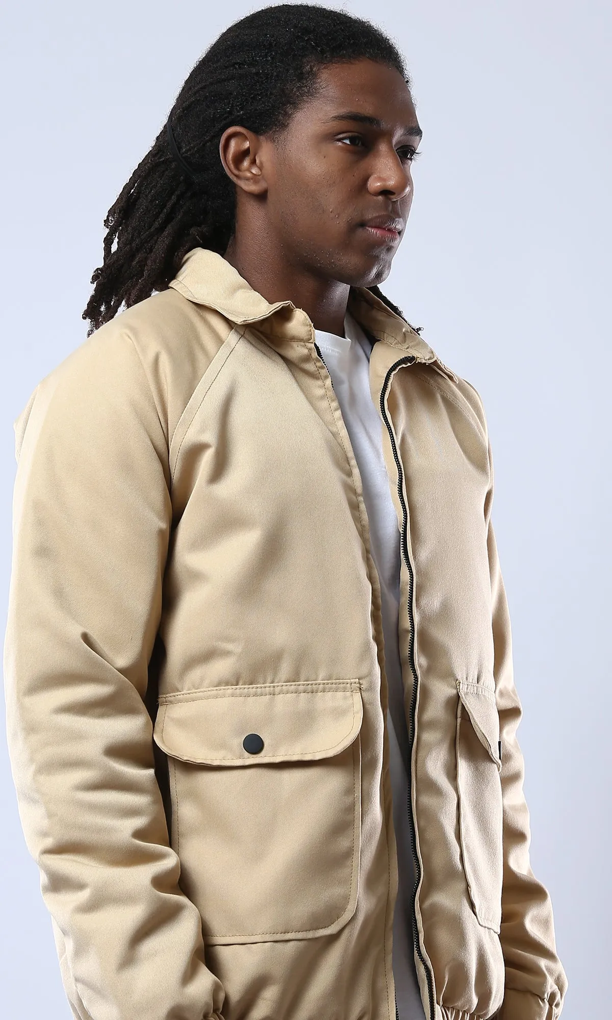 O175495 Turn Down Collar Zipped Solid Sand Jacket