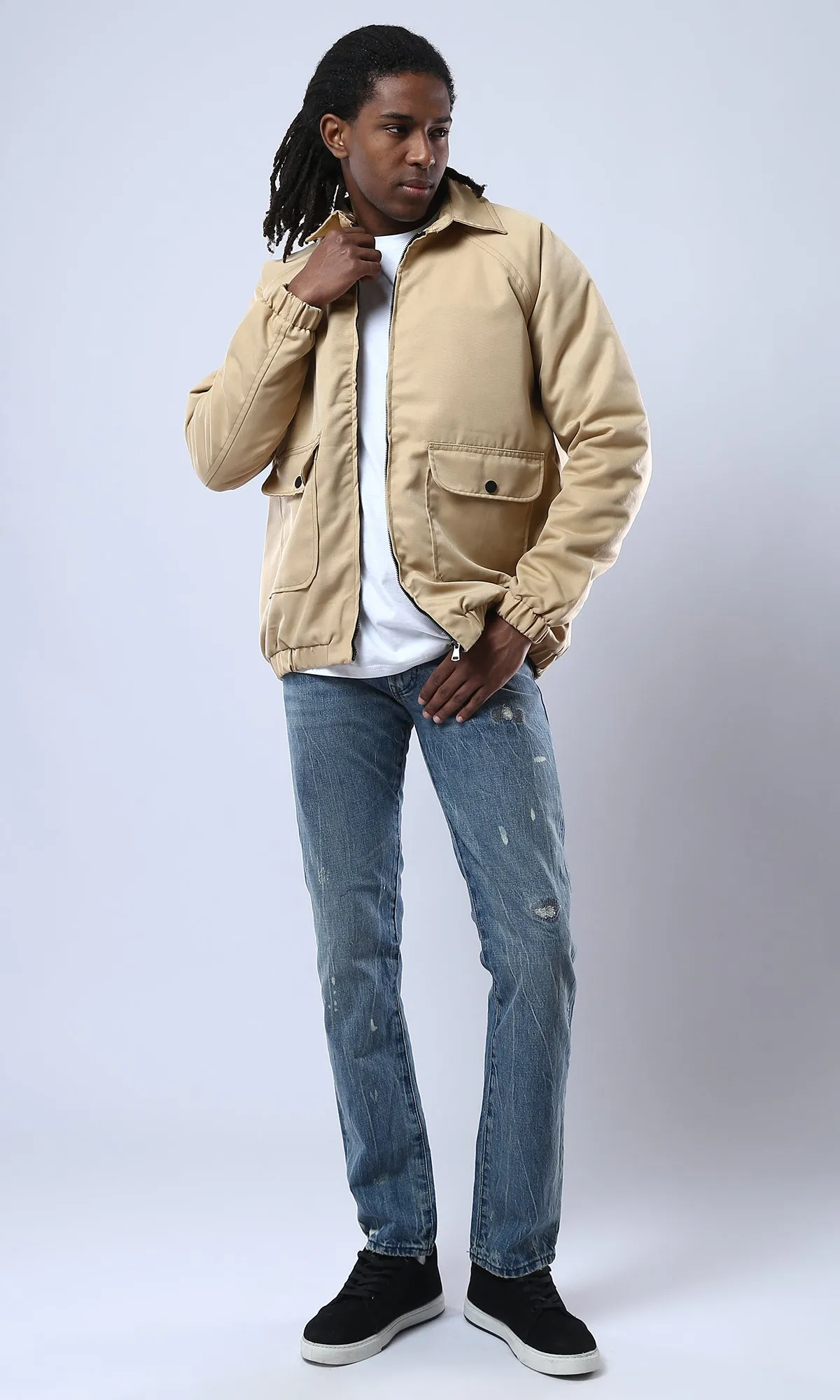 O175495 Turn Down Collar Zipped Solid Sand Jacket