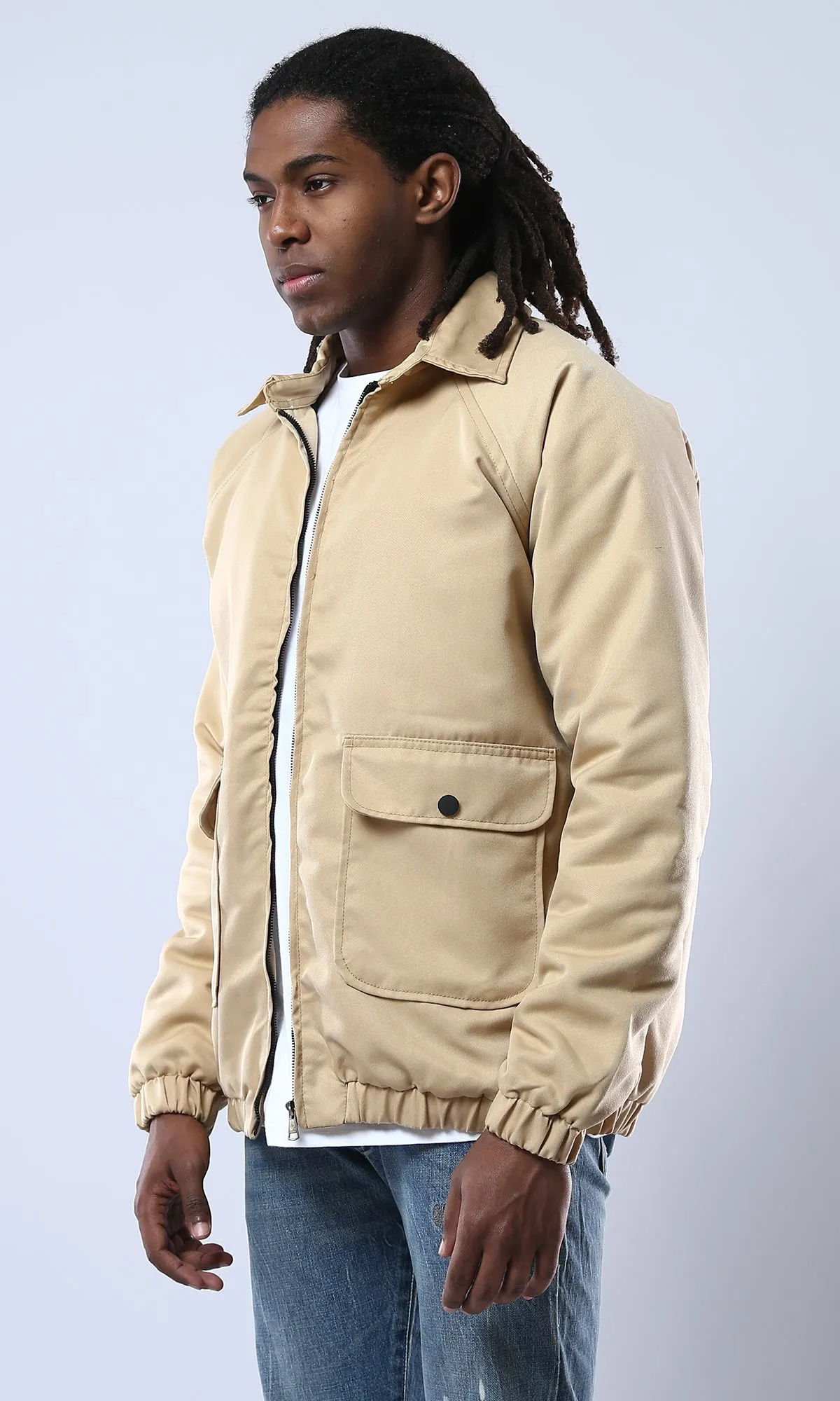 O175495 Turn Down Collar Zipped Solid Sand Jacket
