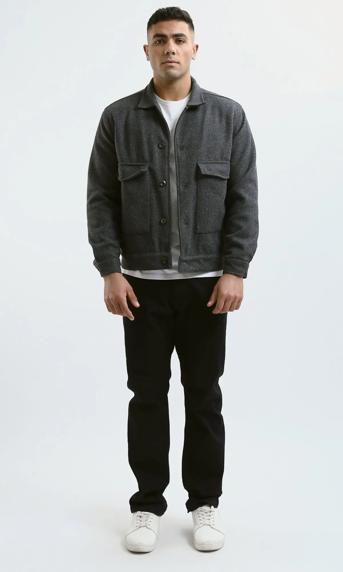 O175895 Front Big Pockets Heather Dark Grey Cotton Jacket