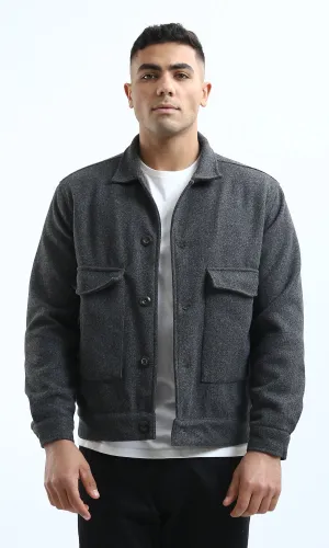 O175895 Front Big Pockets Heather Dark Grey Cotton Jacket