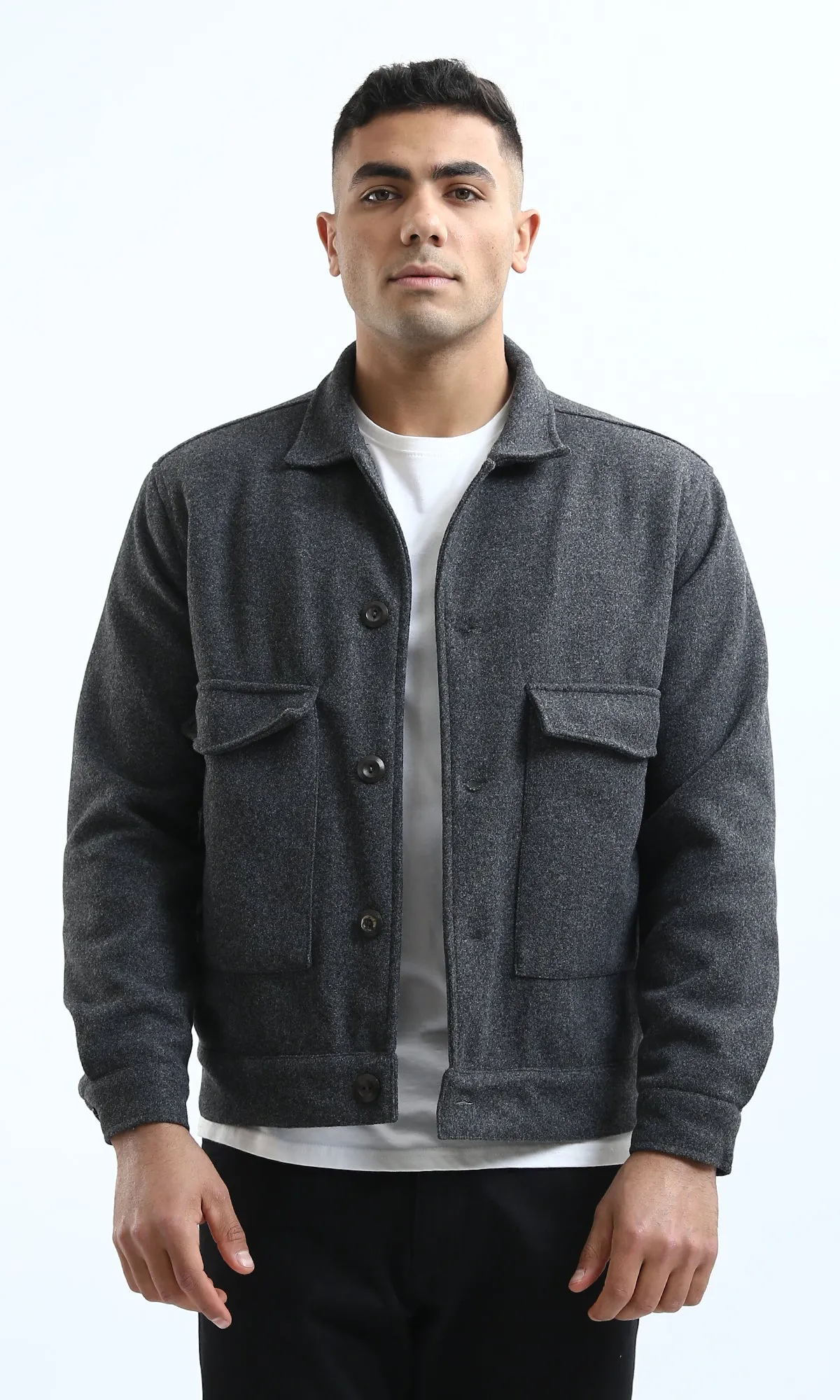 O175895 Front Big Pockets Heather Dark Grey Cotton Jacket