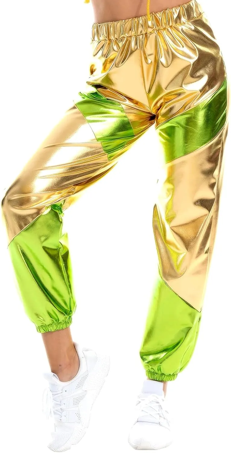 OBEEII Women's Metallic Shinny High Waist Pants, Holographic Jogger Sweatpants Hip Hop Workout Trousers Club Wear