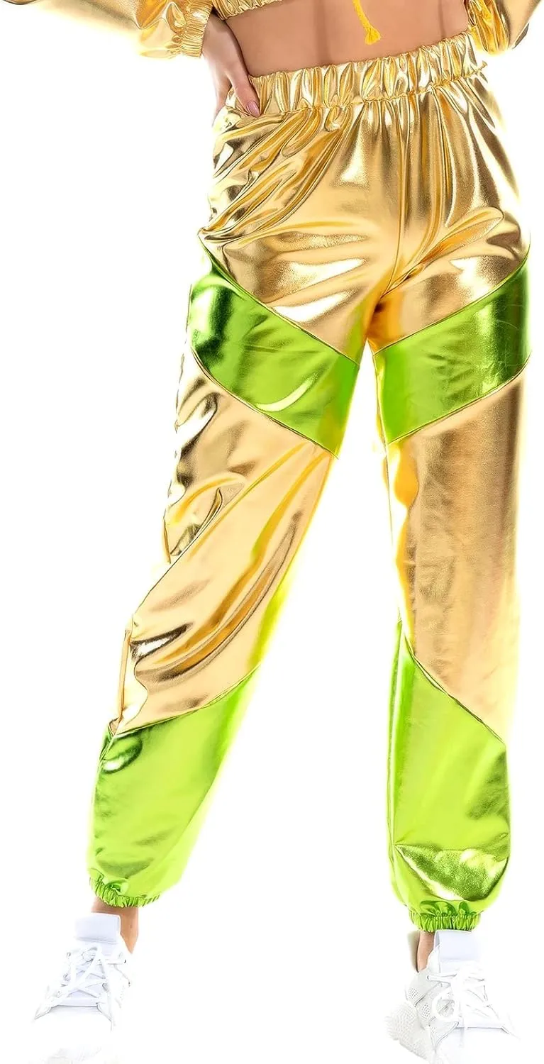 OBEEII Women's Metallic Shinny High Waist Pants, Holographic Jogger Sweatpants Hip Hop Workout Trousers Club Wear