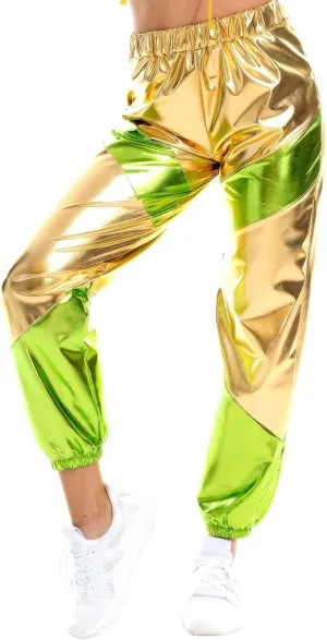 OBEEII Women's Metallic Shinny High Waist Pants, Holographic Jogger Sweatpants Hip Hop Workout Trousers Club Wear