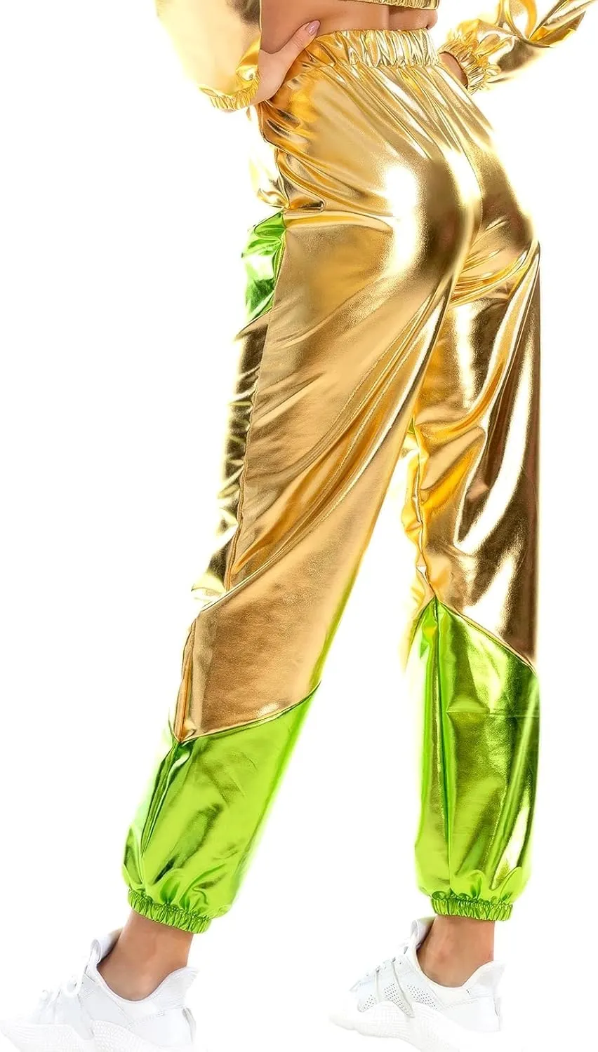 OBEEII Women's Metallic Shinny High Waist Pants, Holographic Jogger Sweatpants Hip Hop Workout Trousers Club Wear