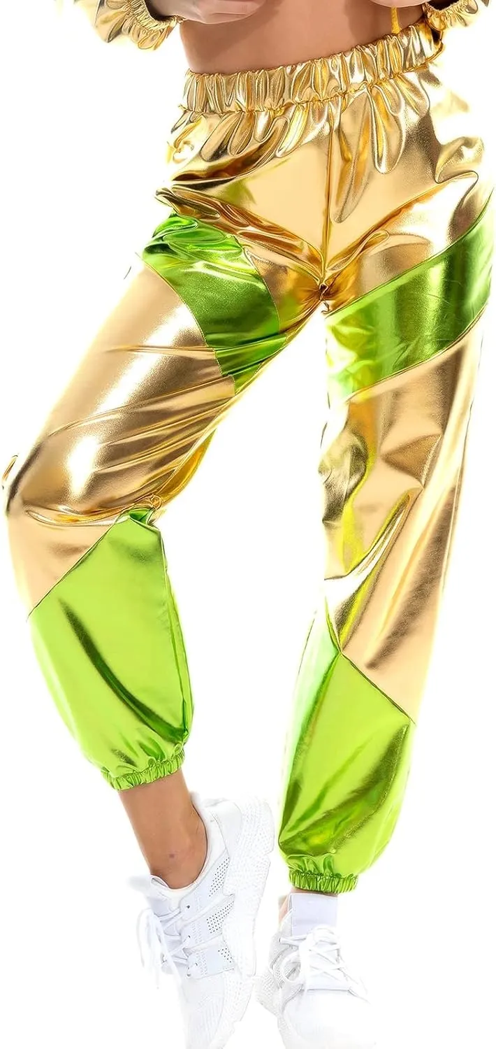 OBEEII Women's Metallic Shinny High Waist Pants, Holographic Jogger Sweatpants Hip Hop Workout Trousers Club Wear