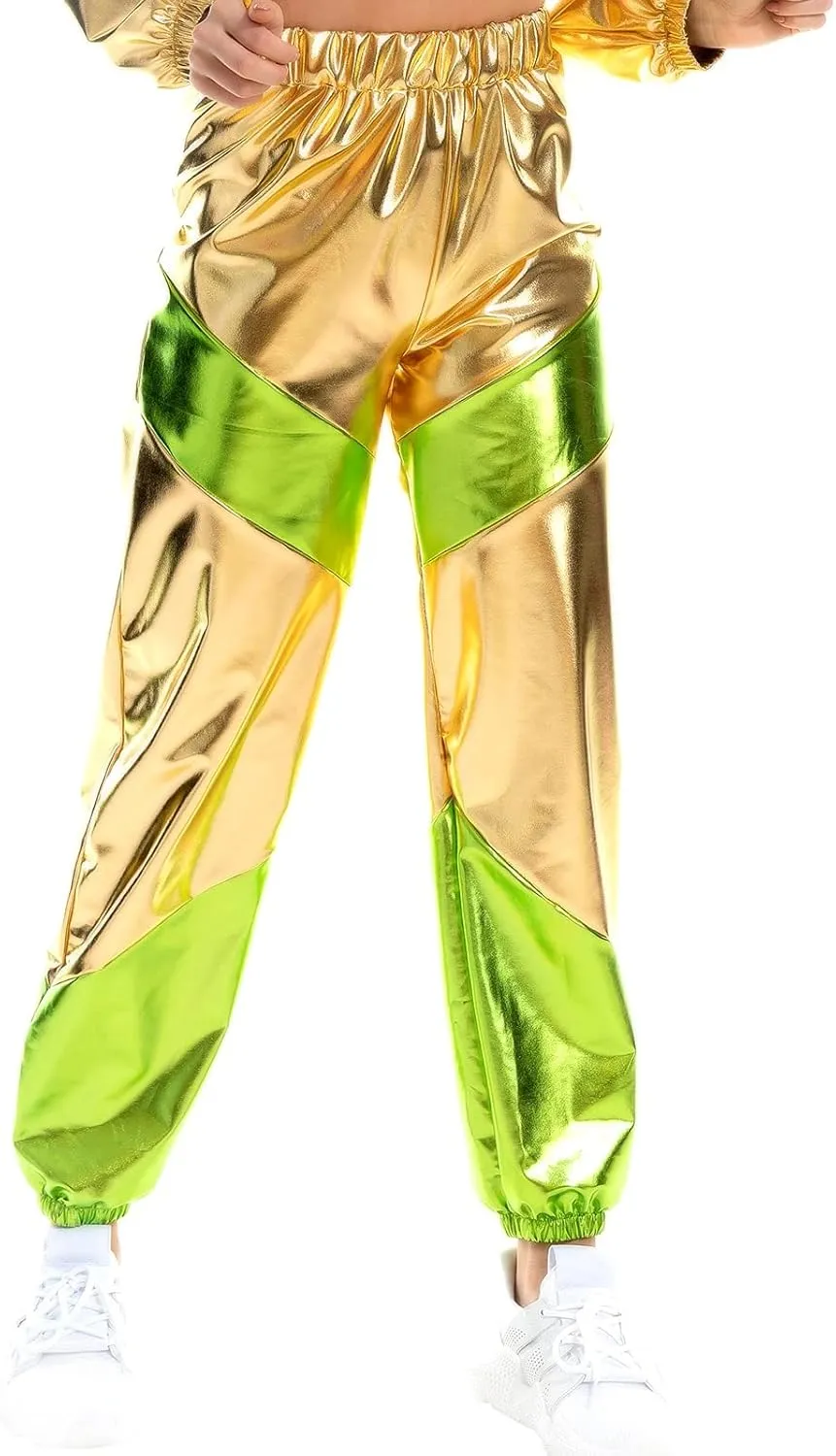 OBEEII Women's Metallic Shinny High Waist Pants, Holographic Jogger Sweatpants Hip Hop Workout Trousers Club Wear