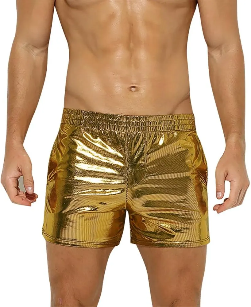 ODASDO Men Faux Leather Holographic Shiny Metallic Boxer Shorts Briefs Underwear Swim Trunk For Rave Dance Party Clubwear
