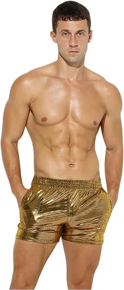 ODASDO Men Faux Leather Holographic Shiny Metallic Boxer Shorts Briefs Underwear Swim Trunk For Rave Dance Party Clubwear