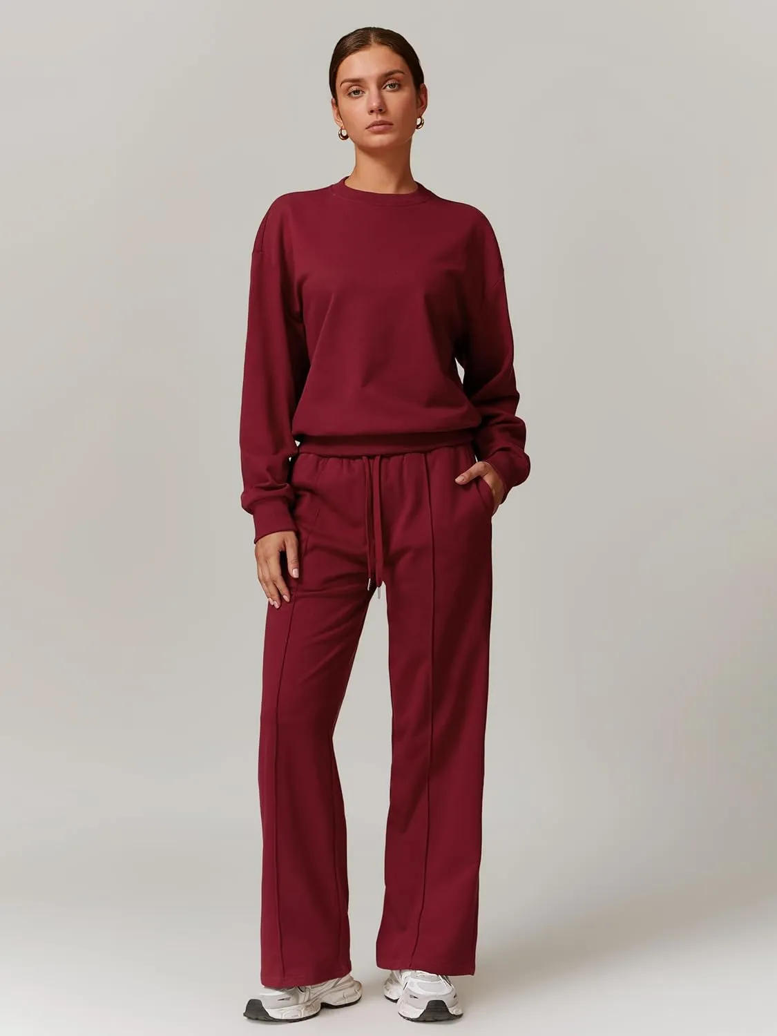 ODIZLI Women's Drawstring Straight Leg Sweatpants with Pockets Wide Leg Jogger Active Pants Lounge Trousers High Waist