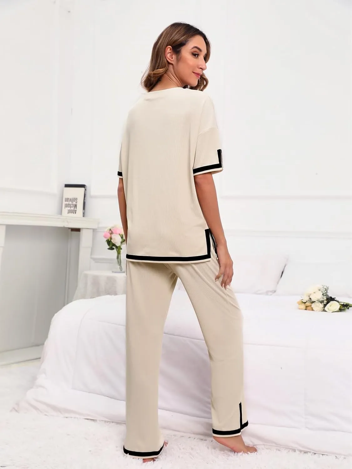 Paintcolors Women's 2 Piece Outfits Casual Pleated Short Sleeve Knit T-Shirt Tops Stretchy Wide Leg Pants Lounge Sets
