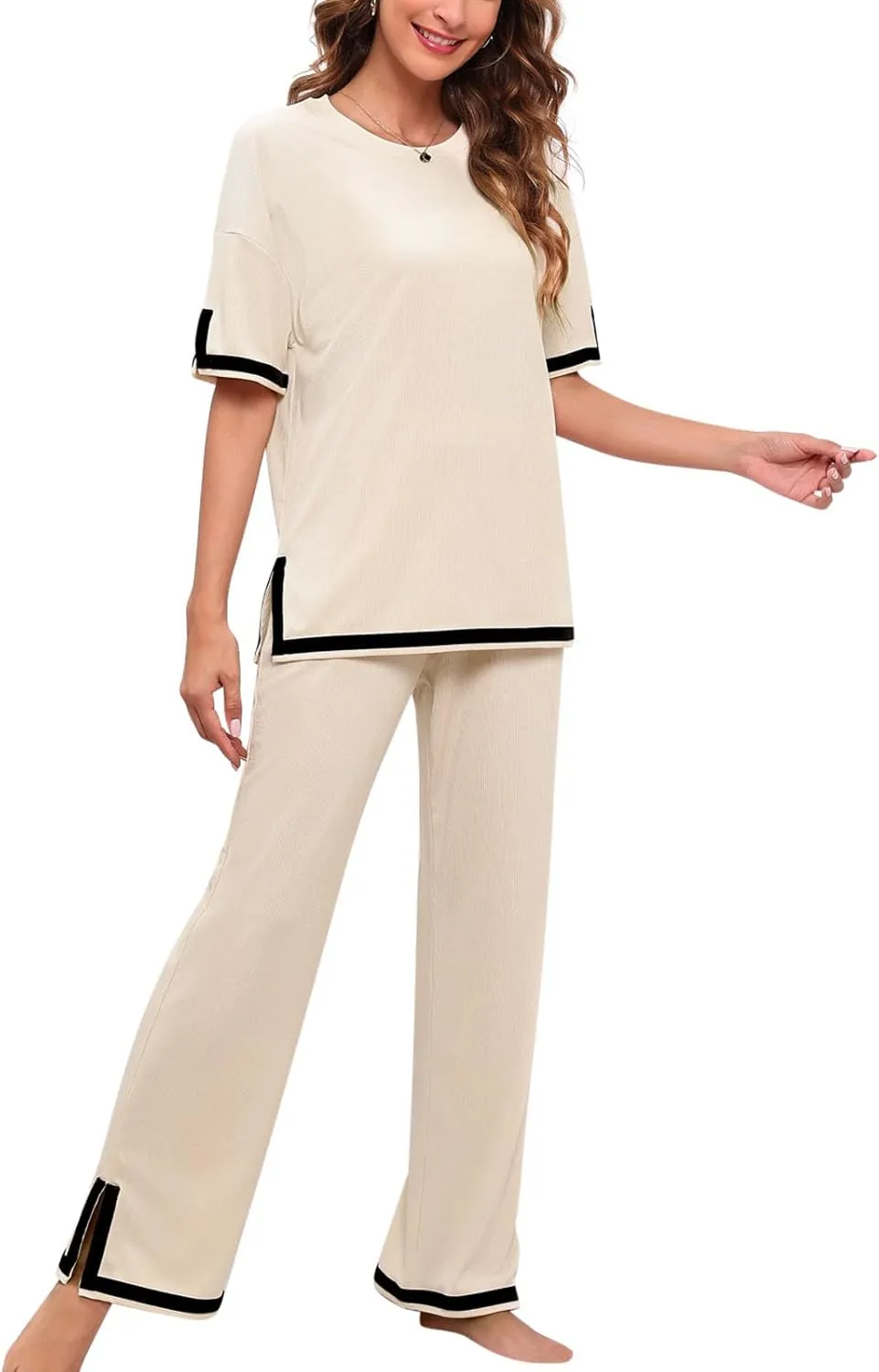 Paintcolors Women's 2 Piece Outfits Casual Pleated Short Sleeve Knit T-Shirt Tops Stretchy Wide Leg Pants Lounge Sets