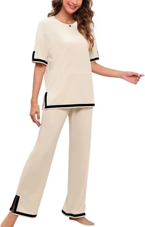 Paintcolors Women's 2 Piece Outfits Casual Pleated Short Sleeve Knit T-Shirt Tops Stretchy Wide Leg Pants Lounge Sets