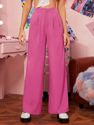 Pants for Women - Zipper Fly Fold Pleated Palazzo Pants (Color : Hot Pink, Size : Medium)