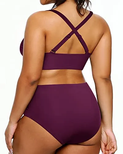 Plus Size Bikini High Waisted Two Piece Bathing Suit Tummy Control-Maroon