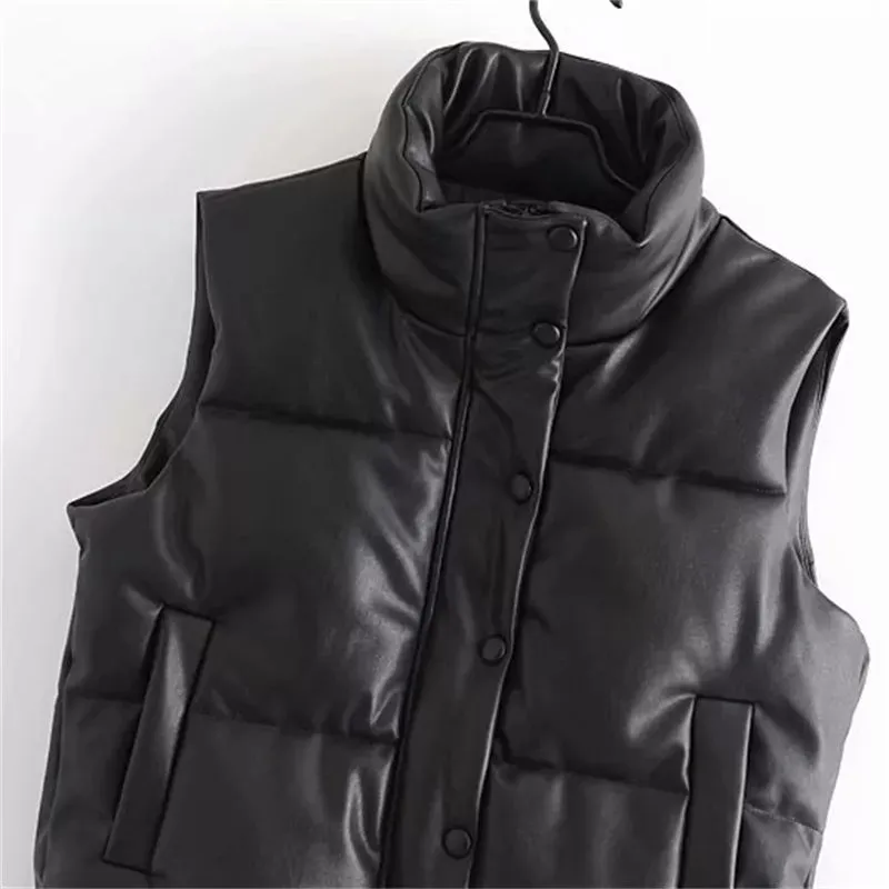 Puffy Thick Black Faux Leather Down Waistcoat