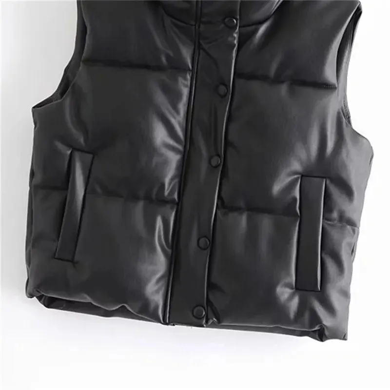 Puffy Thick Black Faux Leather Down Waistcoat