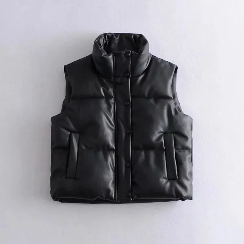 Puffy Thick Black Faux Leather Down Waistcoat