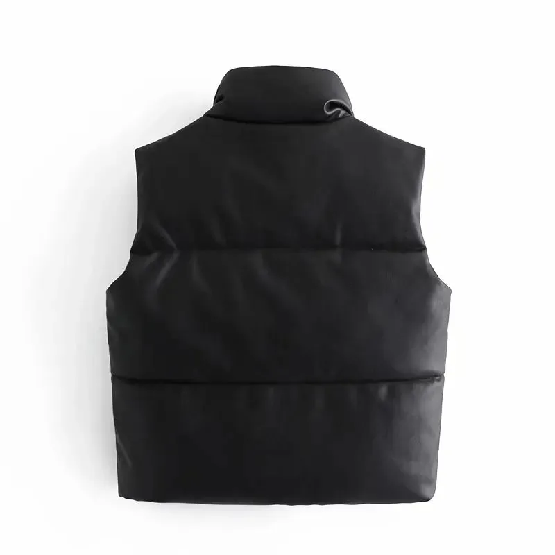 Puffy Thick Black Faux Leather Down Waistcoat