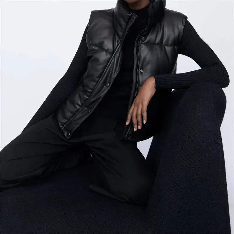 Puffy Thick Black Faux Leather Down Waistcoat