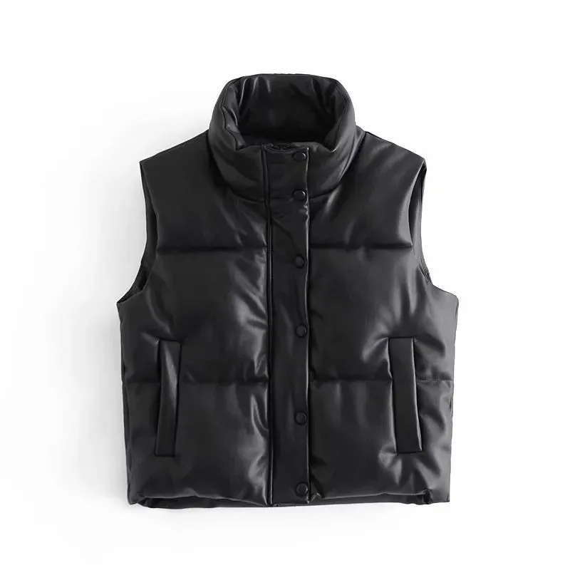 Puffy Thick Black Faux Leather Down Waistcoat