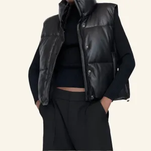Puffy Thick Black Faux Leather Down Waistcoat