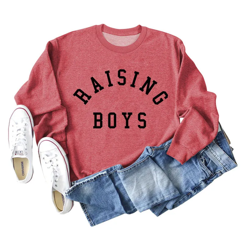 RAISING BOYS LETTERS LOOSE WOMEN'S BASE LONG SLEEVE SHIRT OVERSIZED SWEATSHIRT