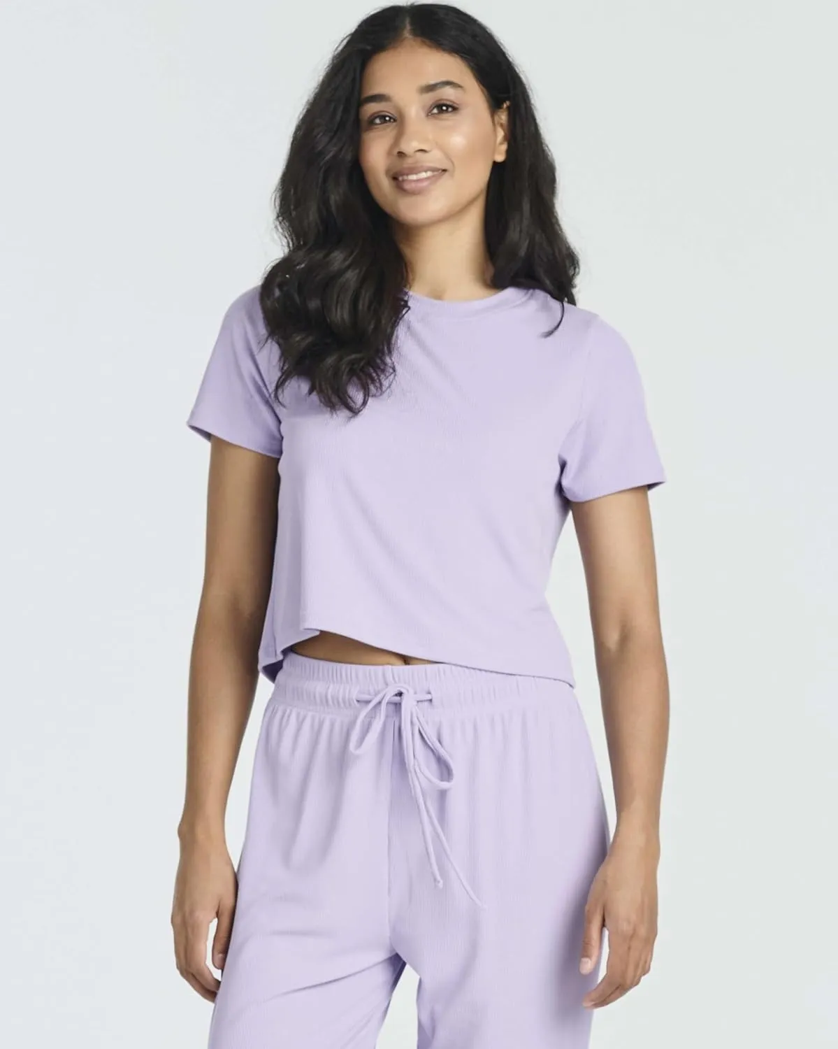 Real Essentials 2 Pack: Women's Ribbed Knit Cropped Short Sleeve Top with Jogger Sweatpants Lounge Set Sleep
