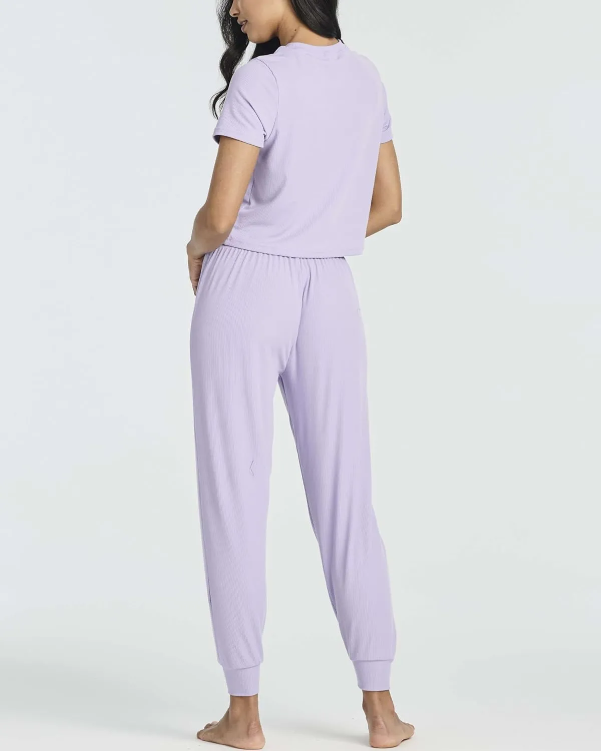 Real Essentials 2 Pack: Women's Ribbed Knit Cropped Short Sleeve Top with Jogger Sweatpants Lounge Set Sleep
