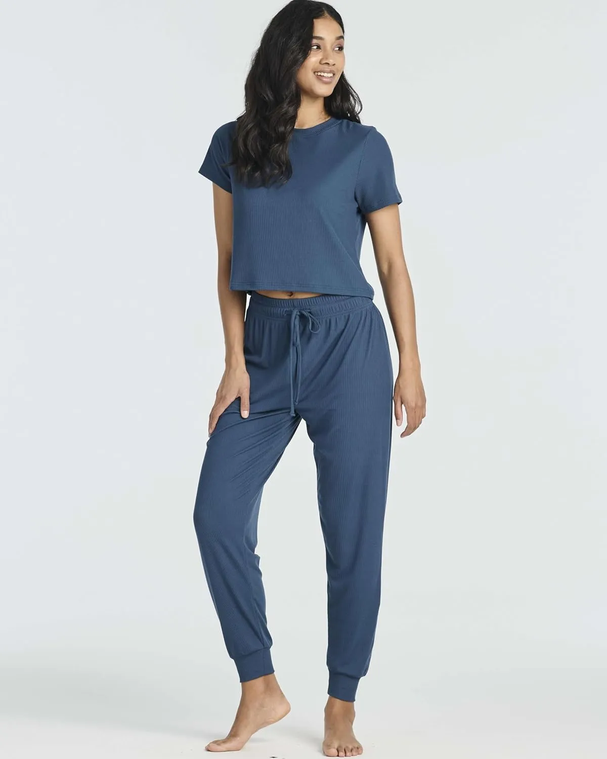 Real Essentials 2 Pack: Women's Ribbed Knit Cropped Short Sleeve Top with Jogger Sweatpants Lounge Set Sleep