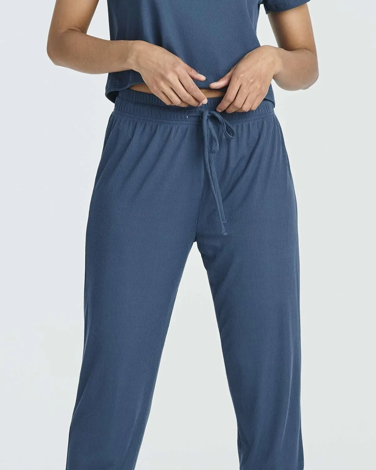 Real Essentials 2 Pack: Women's Ribbed Knit Cropped Short Sleeve Top with Jogger Sweatpants Lounge Set Sleep