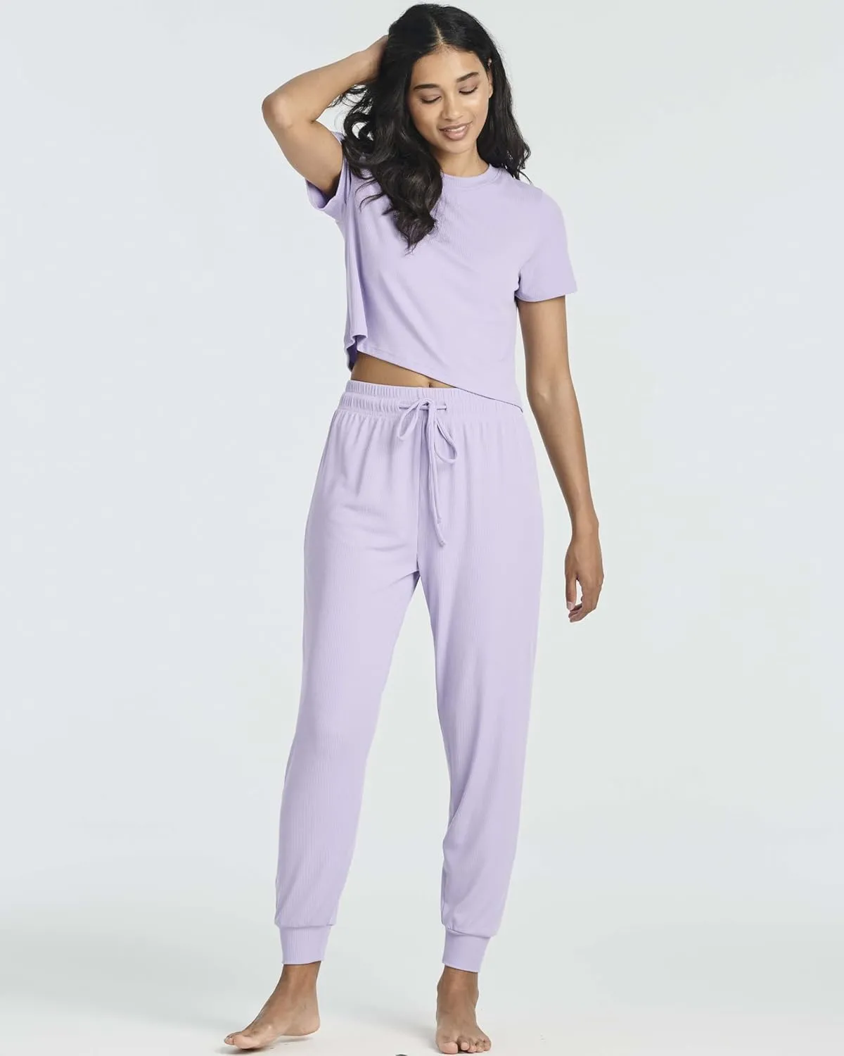 Real Essentials 2 Pack: Women's Ribbed Knit Cropped Short Sleeve Top with Jogger Sweatpants Lounge Set Sleep