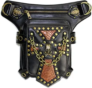 Retro Rock Leather Shoulder Steampunk Waist Pack Women Vintage Gothic Handbag Leg Purse Motorcycle Bag Lady Bag, One Color, One Size