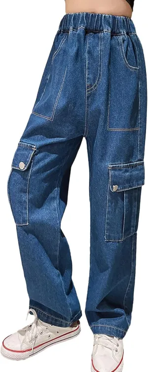 Rolanko Girls Jeans Denim Elastic Wasit Wide Leg Baggy Pants Kids Clothes 4-14 Years