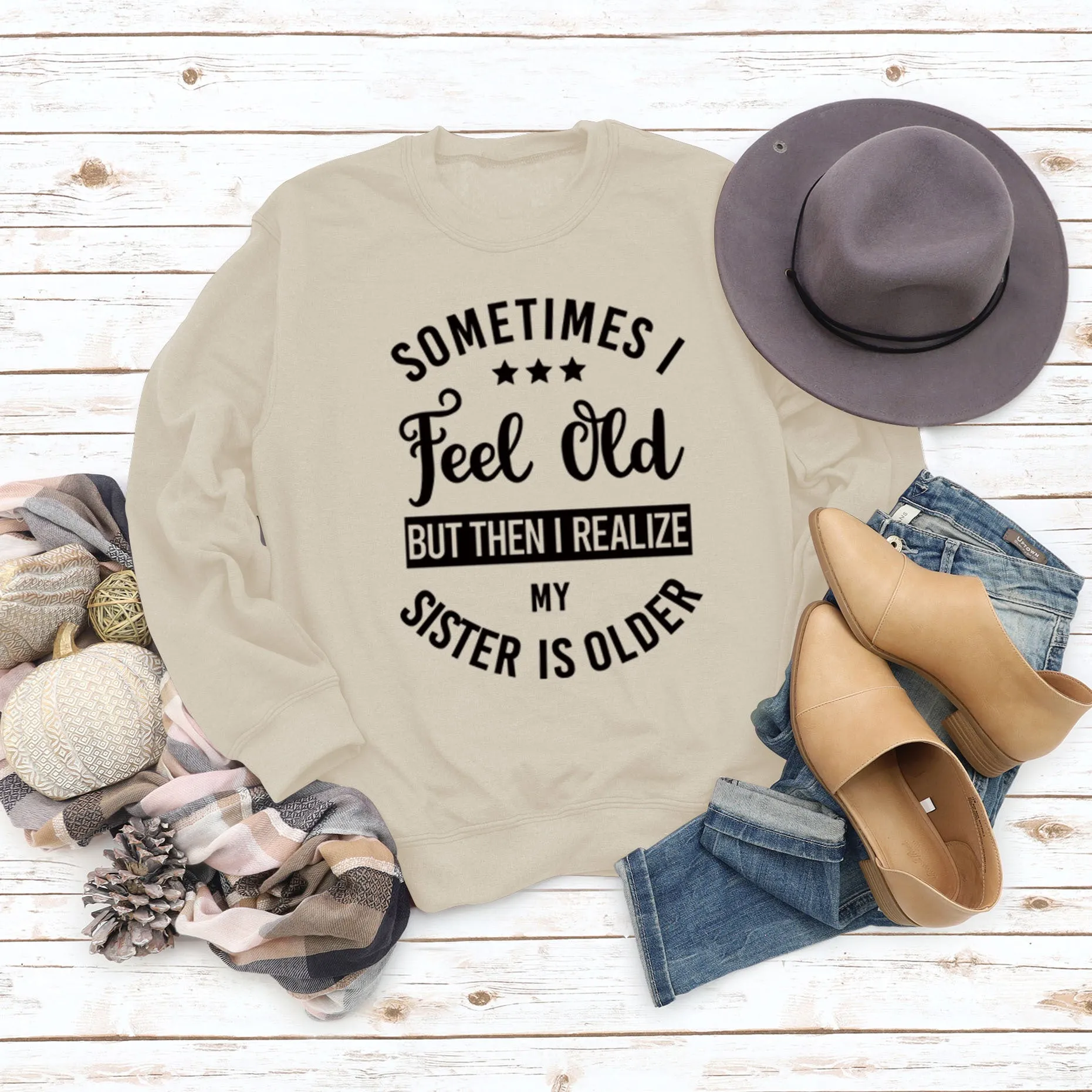 Round Neck Long Sleeve Sometimes I Feel Printed Loose Sweater