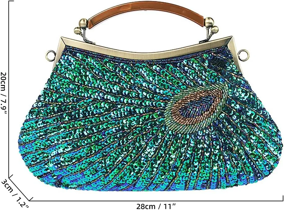 ROUROU Retro Peacock Handbag Sequin Clutch Bag Evening Shoulder Bag Wedding Crossbody Bag Top Handle Satchel Kiss Lock Purse