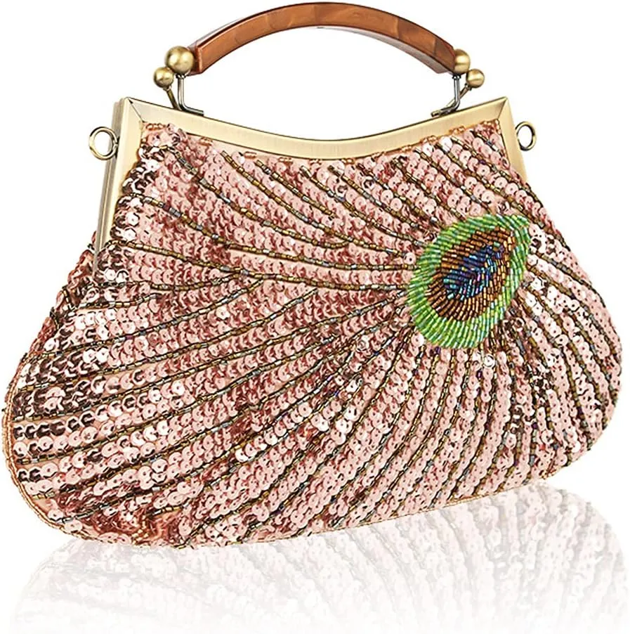ROUROU Retro Peacock Handbag Sequin Clutch Bag Evening Shoulder Bag Wedding Crossbody Bag Top Handle Satchel Kiss Lock Purse