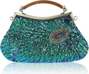 ROUROU Retro Peacock Handbag Sequin Clutch Bag Evening Shoulder Bag Wedding Crossbody Bag Top Handle Satchel Kiss Lock Purse