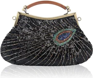 ROUROU Retro Peacock Handbag Sequin Clutch Bag Evening Shoulder Bag Wedding Crossbody Bag Top Handle Satchel Kiss Lock Purse