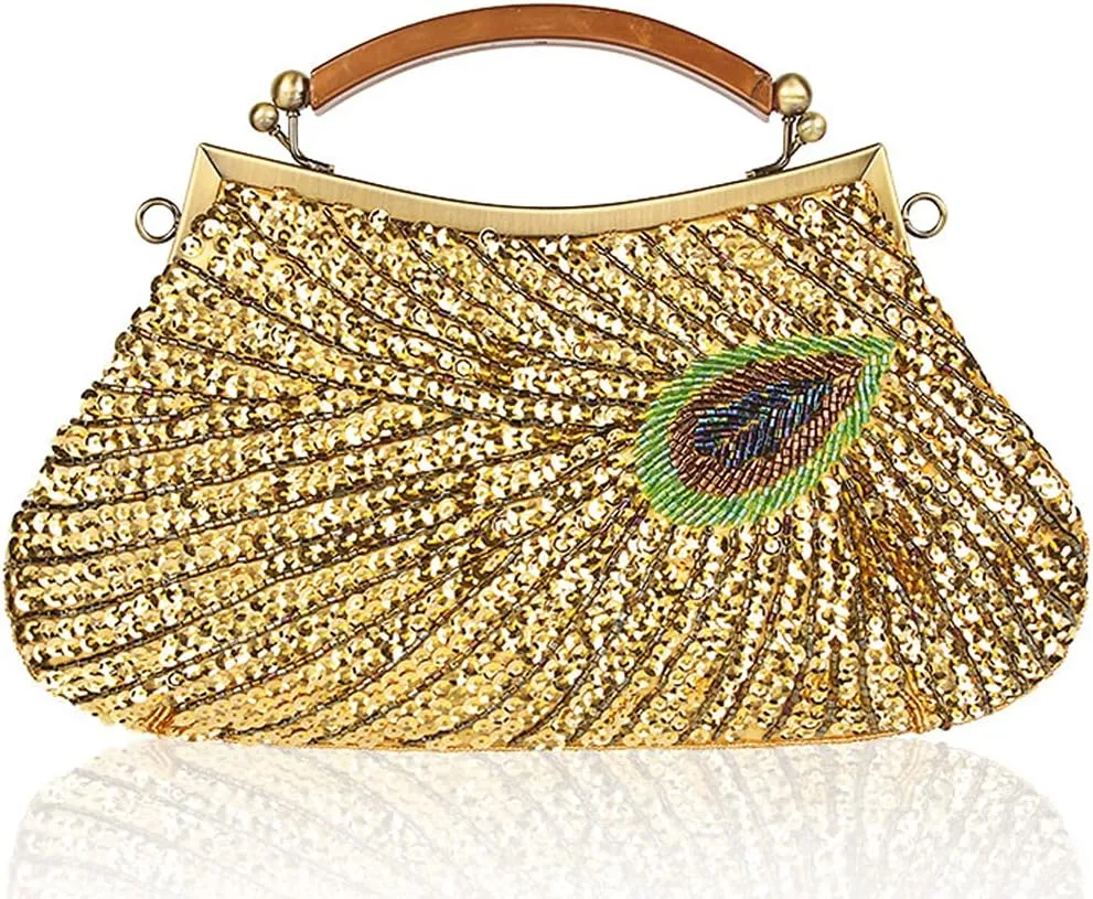 ROUROU Retro Peacock Handbag Sequin Clutch Bag Evening Shoulder Bag Wedding Crossbody Bag Top Handle Satchel Kiss Lock Purse