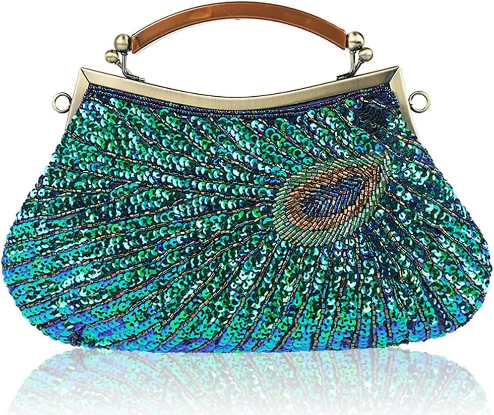 ROUROU Retro Peacock Handbag Sequin Clutch Bag Evening Shoulder Bag Wedding Crossbody Bag Top Handle Satchel Kiss Lock Purse