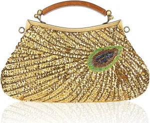 ROUROU Retro Peacock Handbag Sequin Clutch Bag Evening Shoulder Bag Wedding Crossbody Bag Top Handle Satchel Kiss Lock Purse