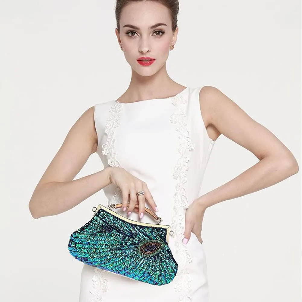 ROUROU Retro Peacock Handbag Sequin Clutch Bag Evening Shoulder Bag Wedding Crossbody Bag Top Handle Satchel Kiss Lock Purse